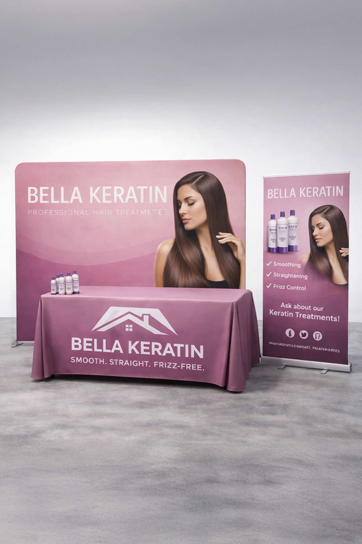 10ft trade show booth package with tension fabric backdrop, table cover and banner stand for a 10x10 booth