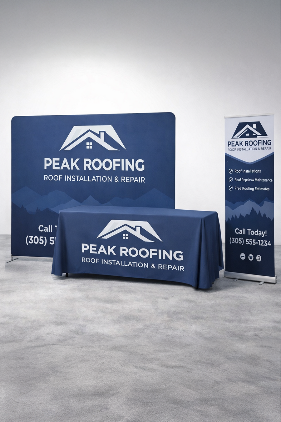 8ft trade show display package with tension fabric backdrop, printed table cover and retractable banner