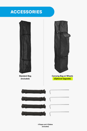Canopy tent accessories: standard carry bag, optional wheeled carry bag, stakes and tie-down ropes