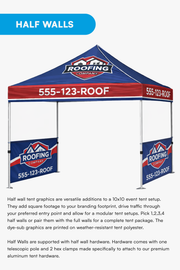 10x10 canopy tent with printed half side walls on two sides