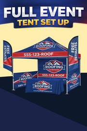Full event tent set up showing the printed canopy, back wall, half walls and table cover together