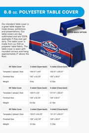Specifications for the optional 8.8 oz polyester printed table cover sold with the canopy tent