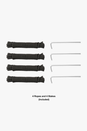 Tie-down ropes and ground stakes included with the 10x15 canopy tent