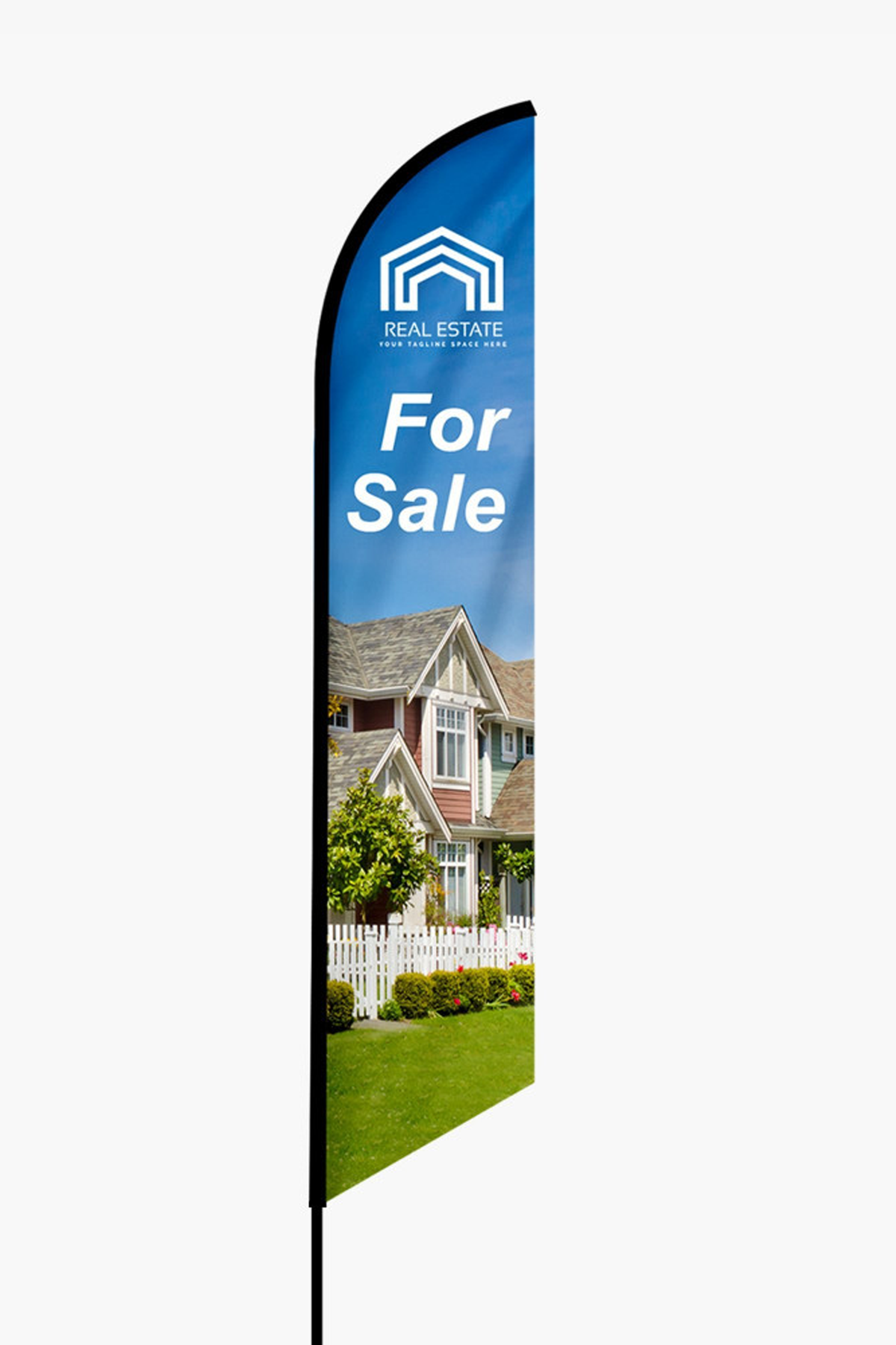 Custom feather angled flag printed with full-color logo, displayed outdoors with aluminum pole and ground stake base.