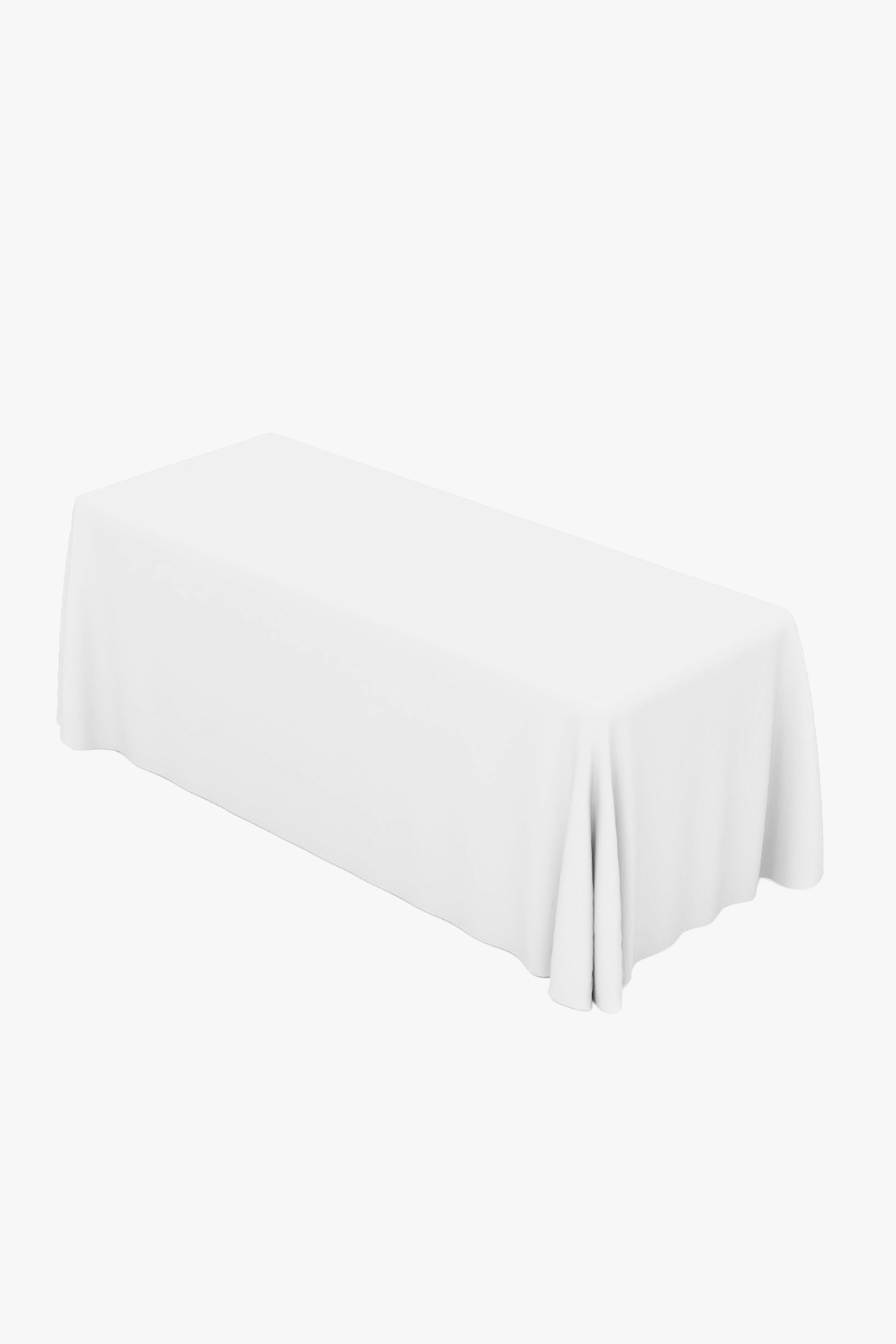 White solid colour table cover draped over a folding table