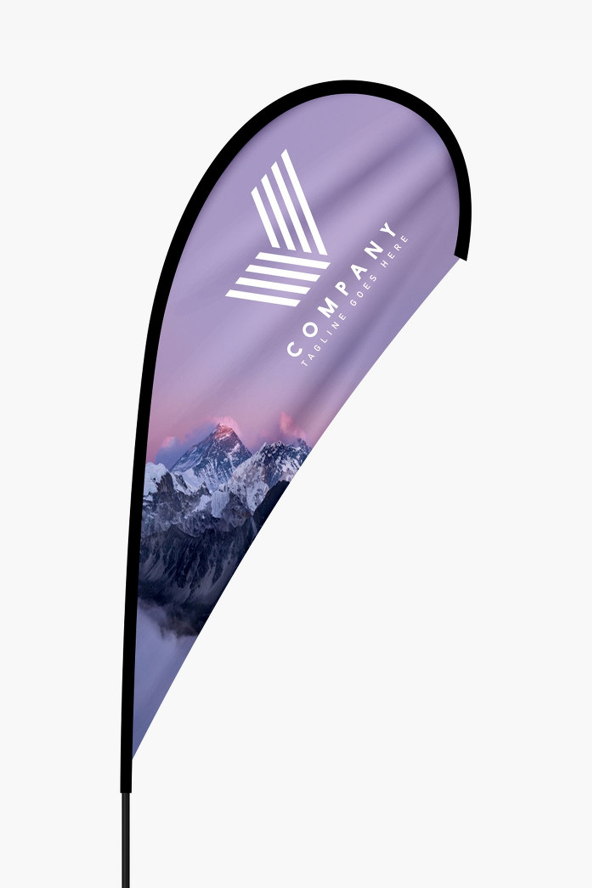 Custom printed teardrop flag with full-color branding on an outdoor pole and base