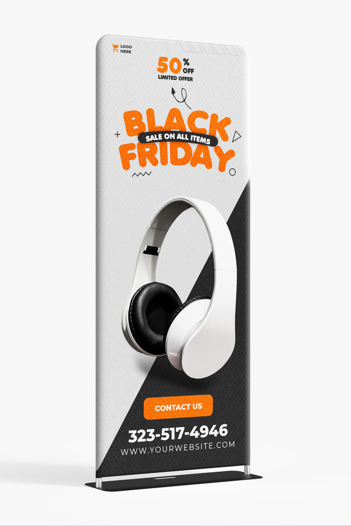 Tension fabric banner display stand with custom printed graphic for trade shows and retail